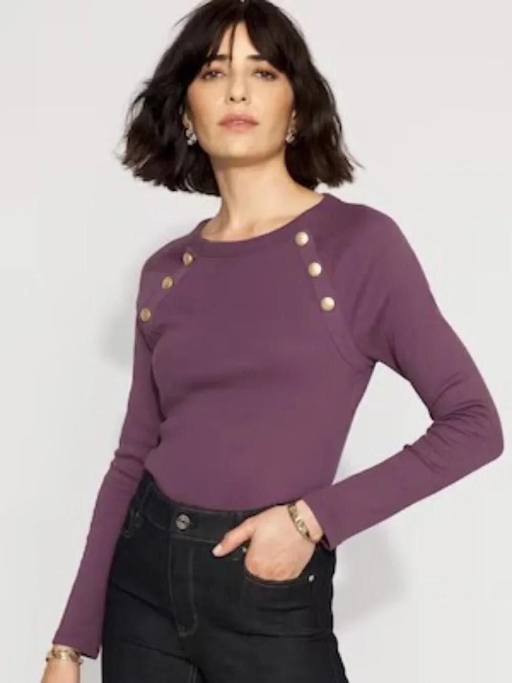 WHBM FORME Ribbed Stretch Button Long-Sleeve Tee